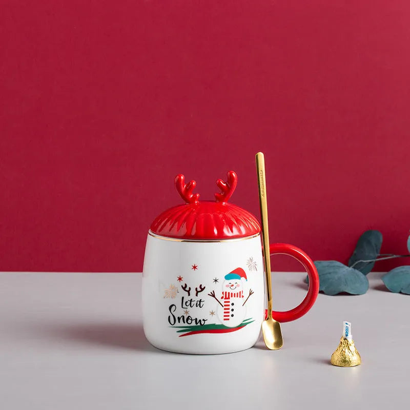 Christmas Mug With Lid Spoon Snowman Ceramic Mug - Bellarte Enchanté Christmas Mug With Lid Spoon Snowman Ceramic Mug